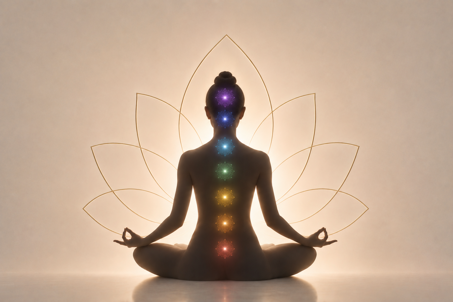 Figura en meditación con una representación de los siete chakras